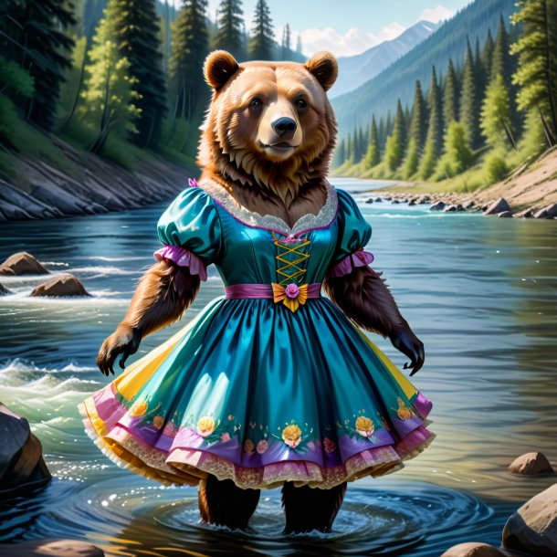 Desenho de um urso em um vestido no rio