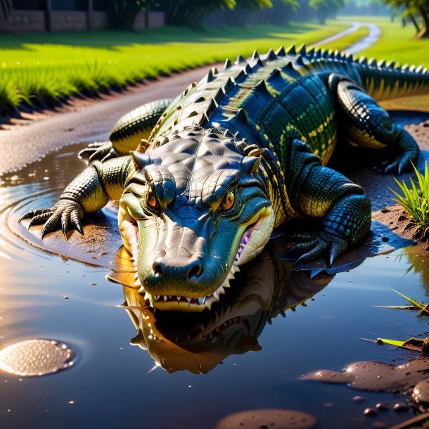 Pic of a crocodile in a belt in the puddle