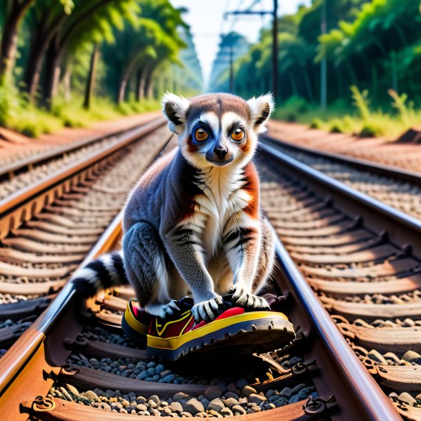 Imagem de um lêmur em um sapatos nos trilhos ferroviários