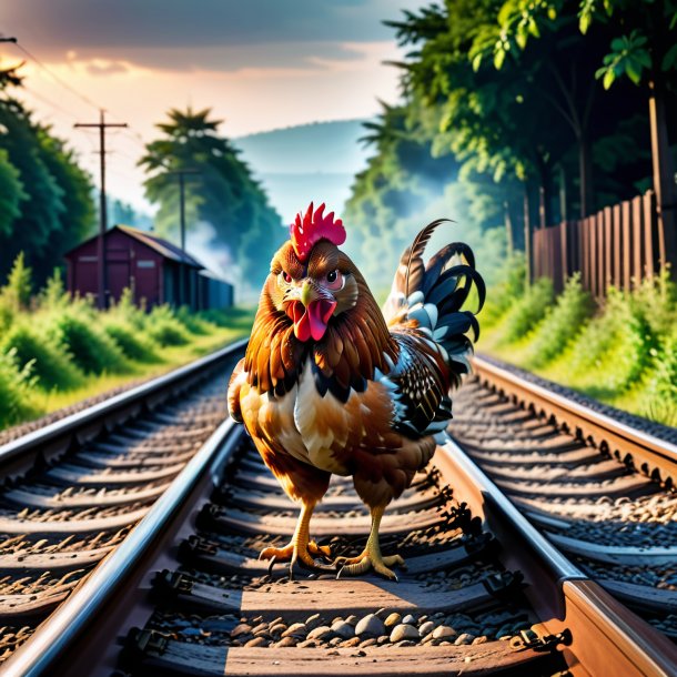 Imagen de una amenaza de una gallina en las vías del ferrocarril