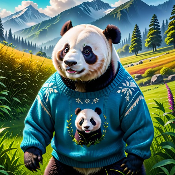 Image of a giant panda in a sweater in the meadow