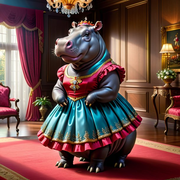 Picture of a hippopotamus in a dress in the house