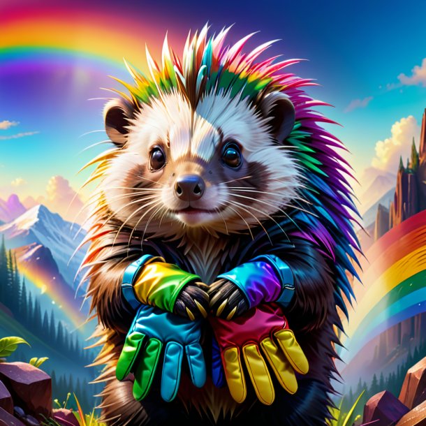 Illustration of a porcupine in a gloves on the rainbow