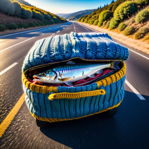 Foto de uma sardinha em um suéter na estrada