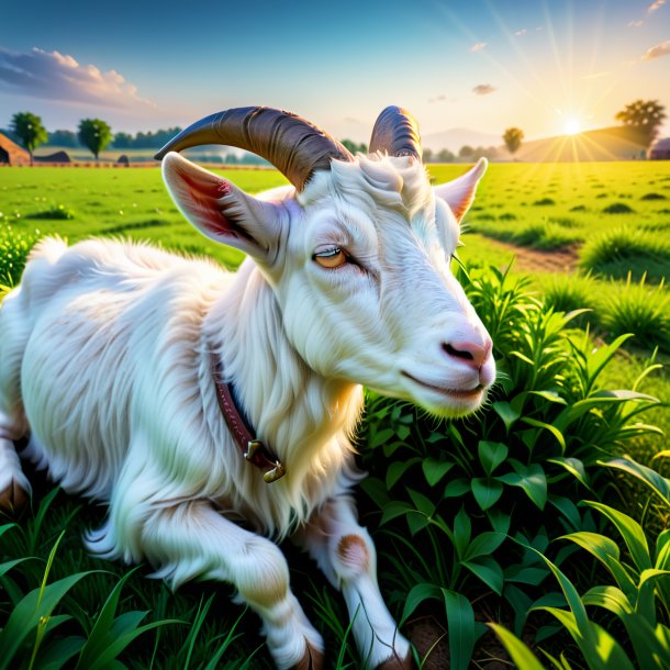 Image of a sleeping of a goat on the field