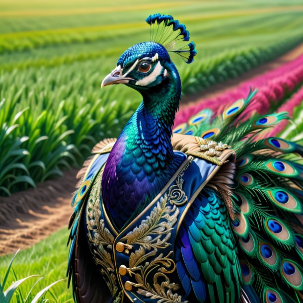 Ilustración del pavo real en el chaleco sobre el campo