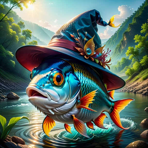 Drawing of a fish in a hat in the river