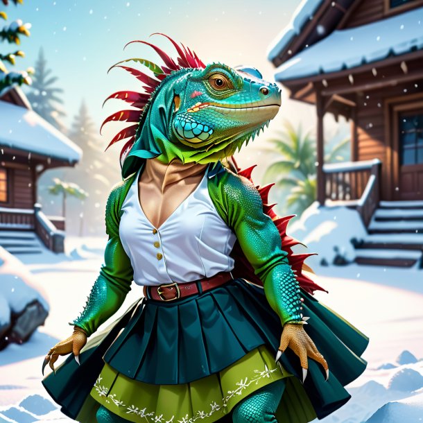 Illustration of a iguana in a skirt in the snow