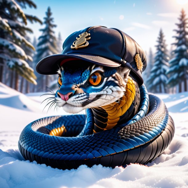 Photo of a cobra in a cap in the snow