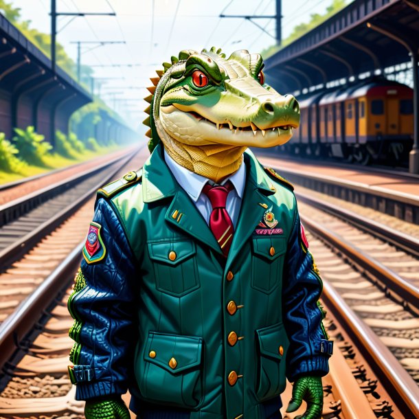 Desenho de um crocodilo em uma jaqueta nos trilhos ferroviários