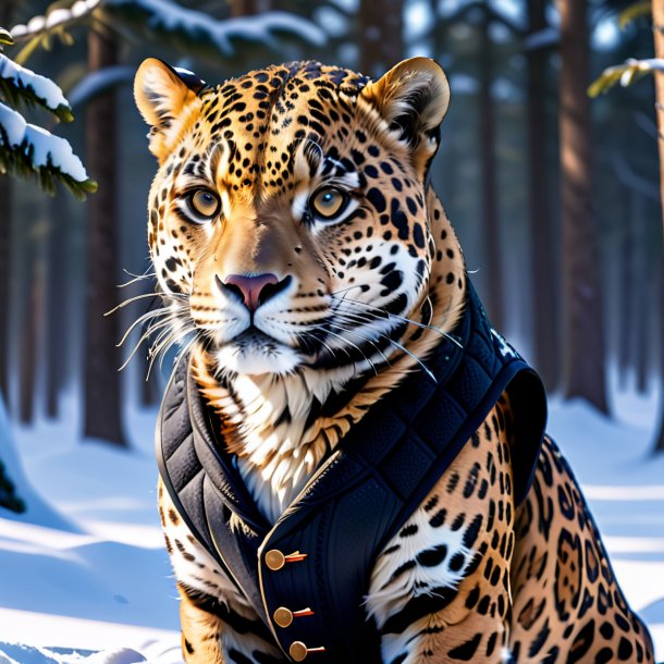 Image of a jaguar in a vest in the snow