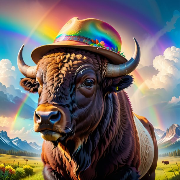 Illustration of a bison in a hat on the rainbow