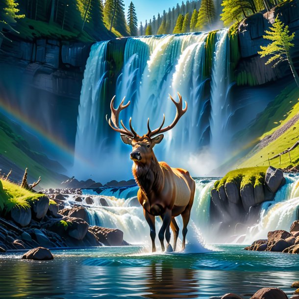 Pic d'une baignade d'un wapiti dans la cascade