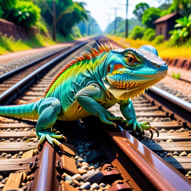 Photo d'une boisson d'un lézard sur les voies ferrées