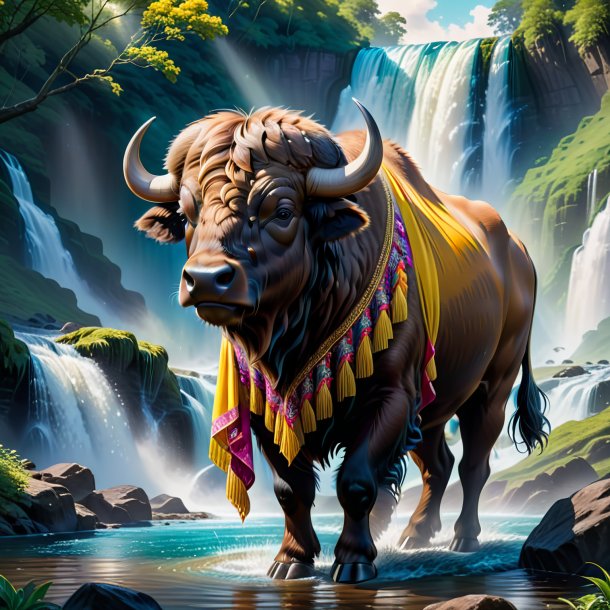 Illustration of a buffalo in a dress in the waterfall