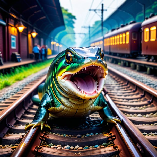 Foto de una bebida de una anguila en las vías del ferrocarril