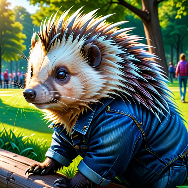 Drawing of a porcupine in a jeans in the park