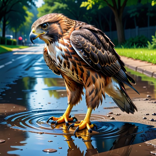 Drawing of a hawk in a trousers in the puddle