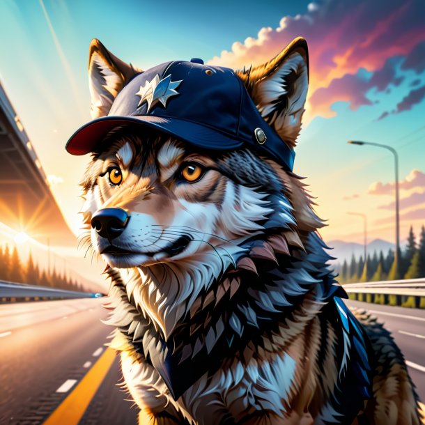 Photo of a wolf in a cap on the highway