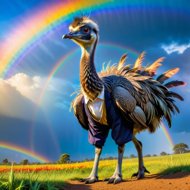 Foto de un emu en un pantalón en el arco iris