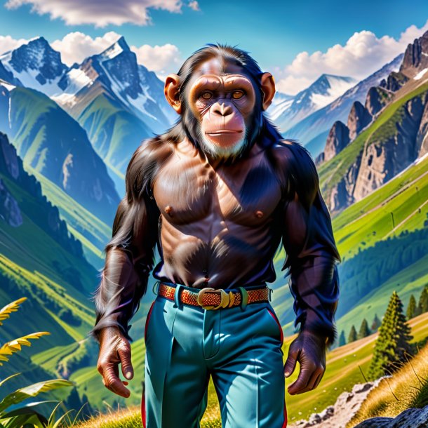 Photo of a chimpanzee in a trousers in the mountains