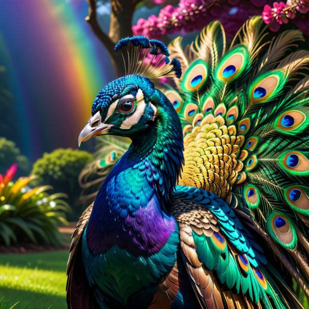 Imagen de un pavo real en un abrigo en el arco iris