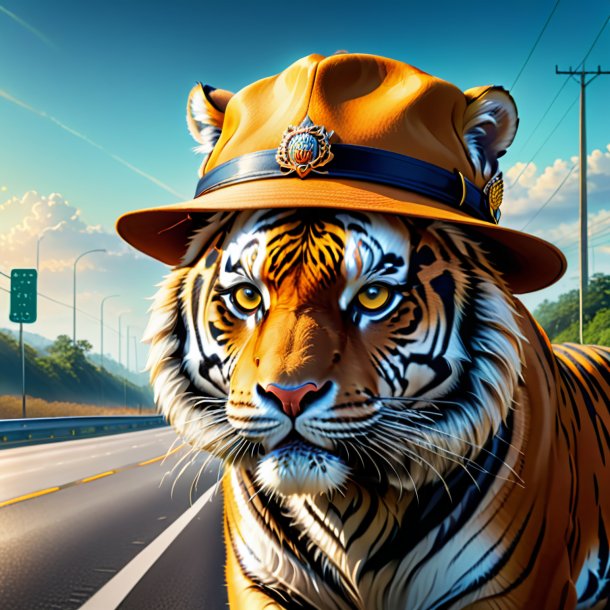 Desenho de um tigre em um chapéu na estrada