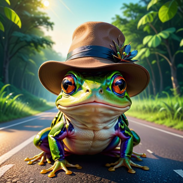 Illustration of a frog in a hat on the road