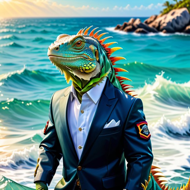 Imagem de uma iguana em uma jaqueta no mar