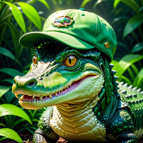 Pic of a alligator in a green cap