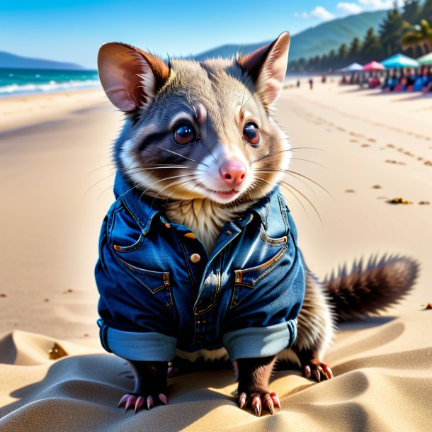 Foto de una zarigüeya en jeans en la playa