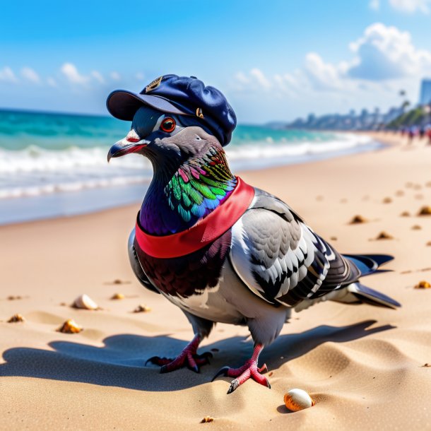 Foto de um pombo em um boné na praia