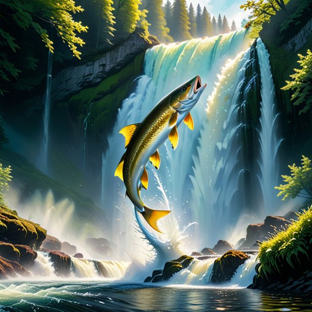 Image of a jumping of a pike in the waterfall