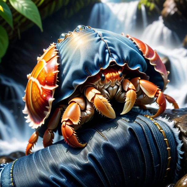 Foto de un cangrejo ermitaño en un vaquero en la cascada