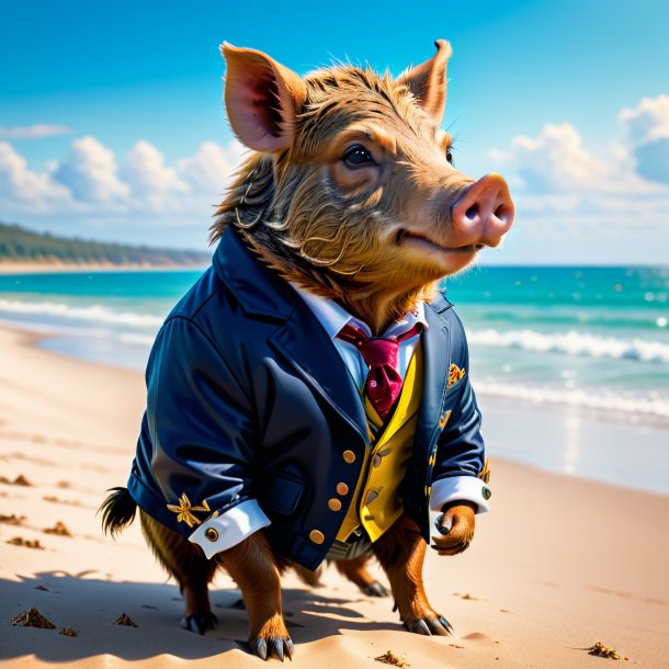 Picture of a boar in a jacket on the beach