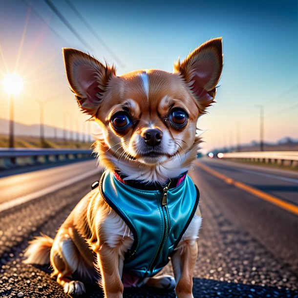 Pic d'un chihuahua dans un gants sur l'autoroute