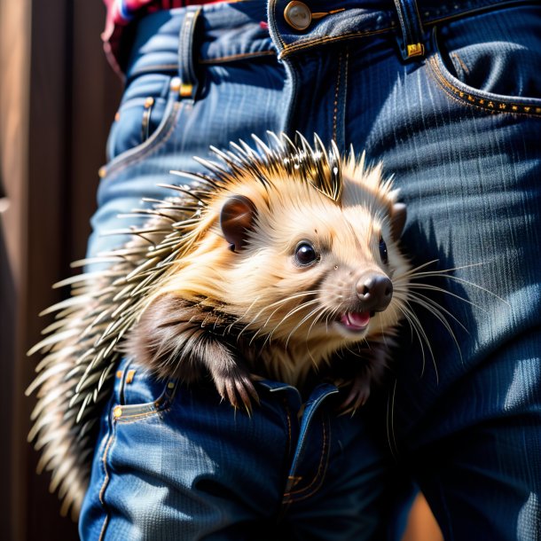 Image of a porcupine in a blue jeans