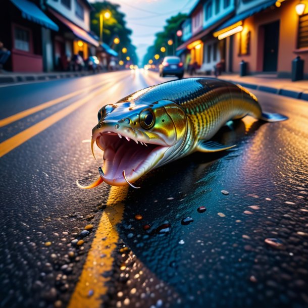 Picture of a eating of a eel on the road