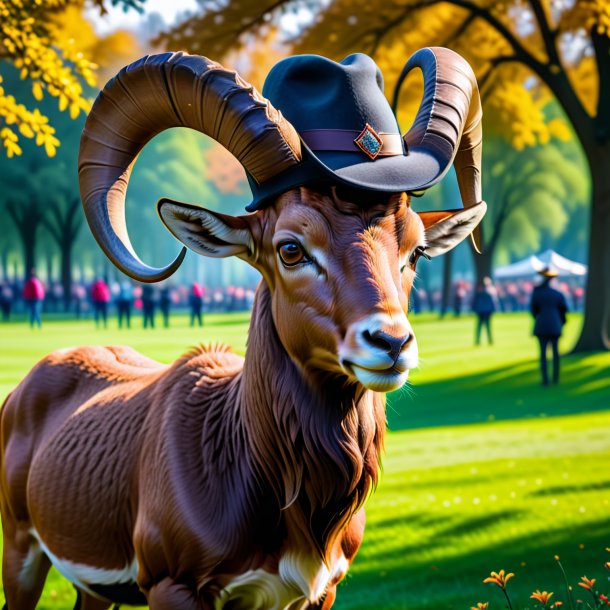 Photo of a ibex in a hat in the park