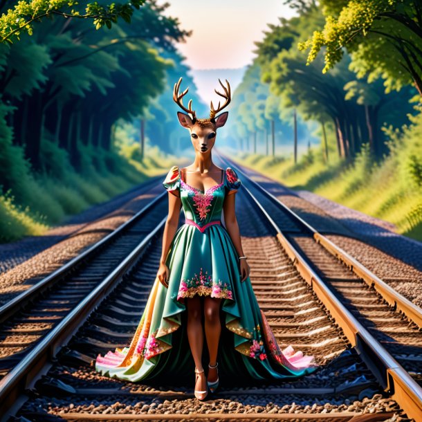 Picture of a deer in a dress on the railway tracks