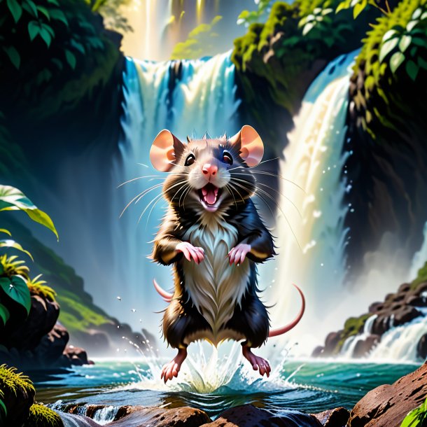 Image of a jumping of a rat in the waterfall