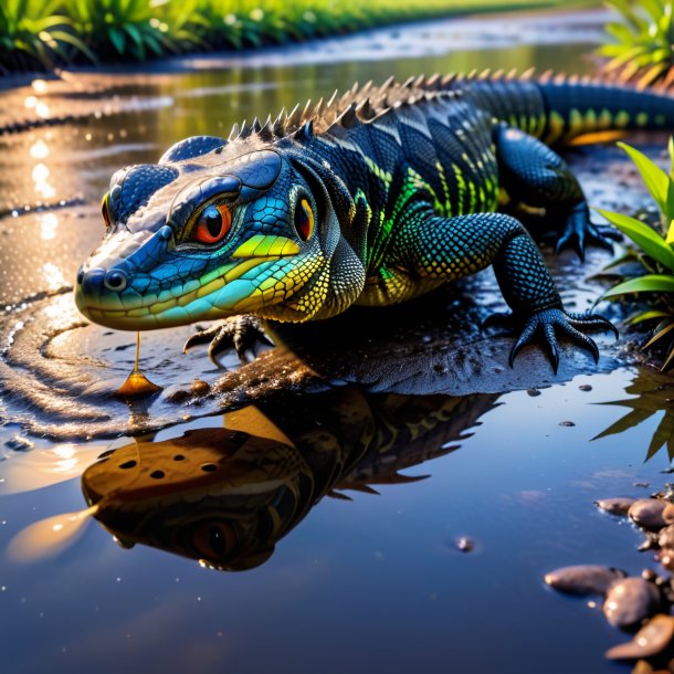 Photo of a playing of a monitor lizard in the puddle