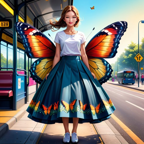 Illustration of a butterfly in a skirt on the bus stop