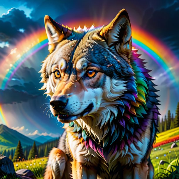 Pic of a crying of a wolf on the rainbow