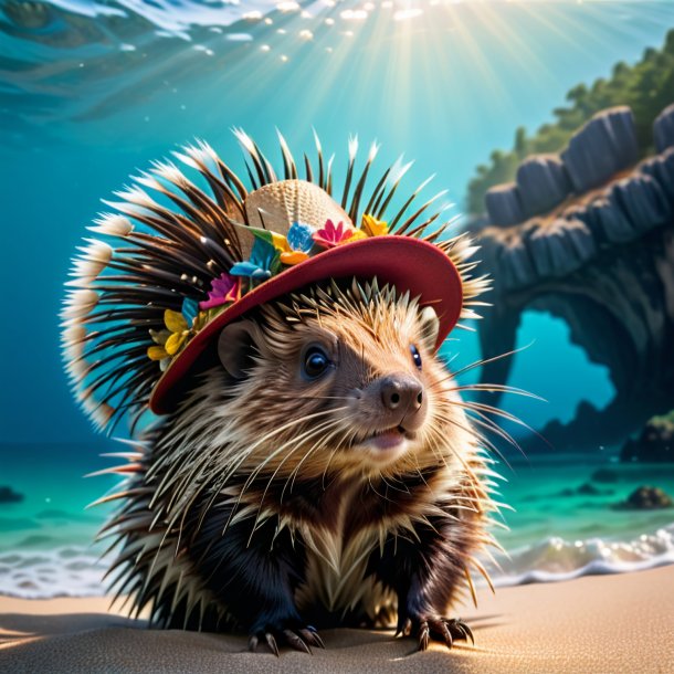 Photo of a porcupine in a hat in the sea