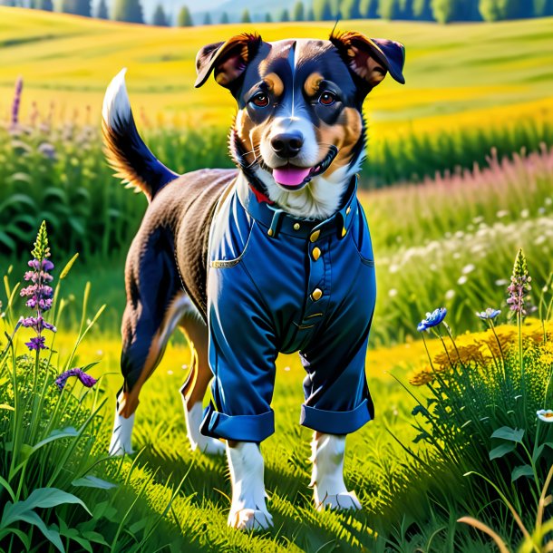 Photo of a dog in a trousers in the meadow