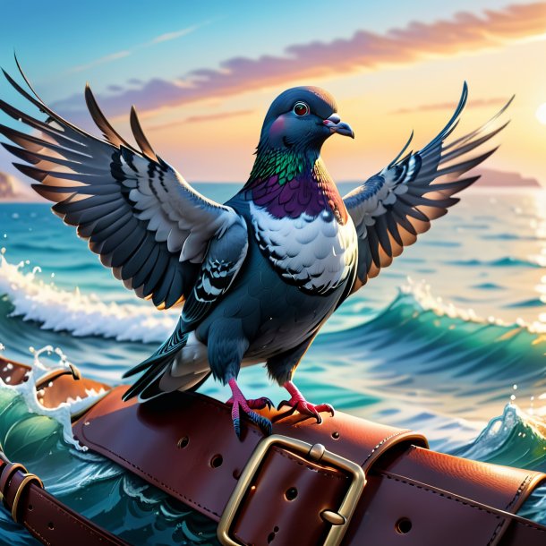 Drawing of a pigeon in a belt in the sea