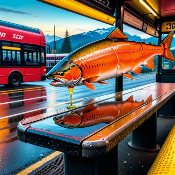 Uma foto de uma bebida de um salmão na parada de ônibus