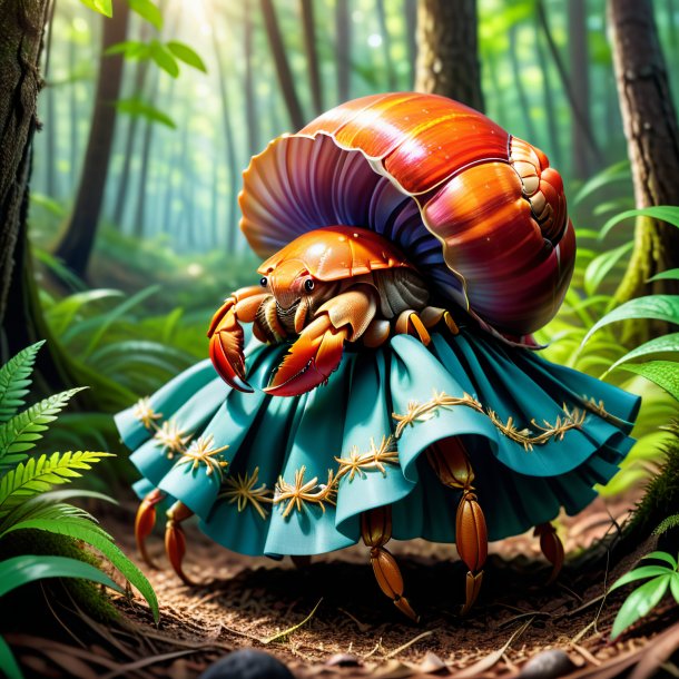 Illustration of a hermit crab in a skirt in the forest