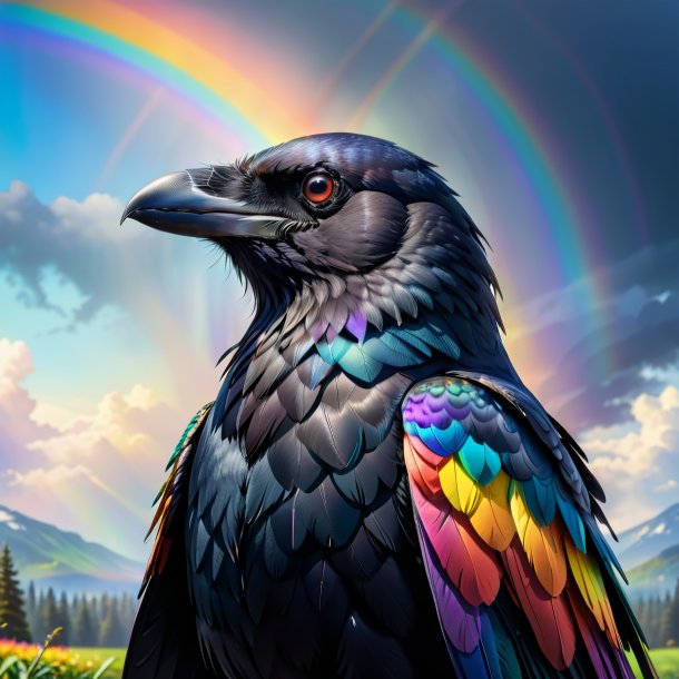 Drawing of a crow in a coat on the rainbow